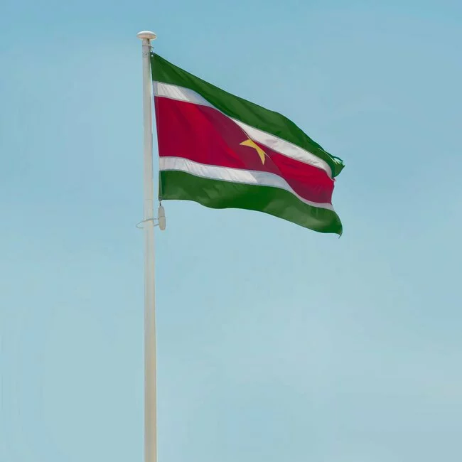 Flaggen von Surinam an einem südamerikanischen Flughafen weht im Wind