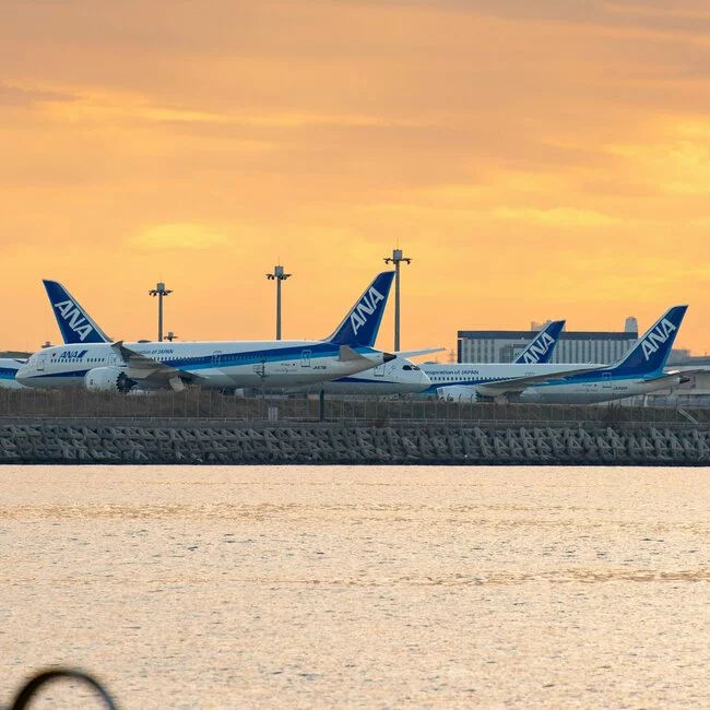 Ausgefallene All Nippon Airways Flugzeuge bei Sonnenuntergang stehen auf dem Rollfeld