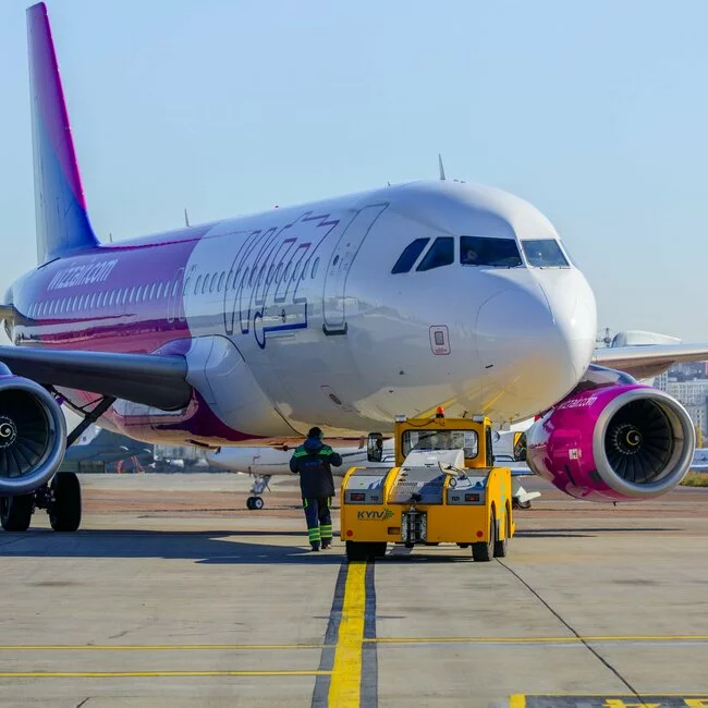 Wizz Air Maschine kommt verspätet an und steht auf dem Rollfeld